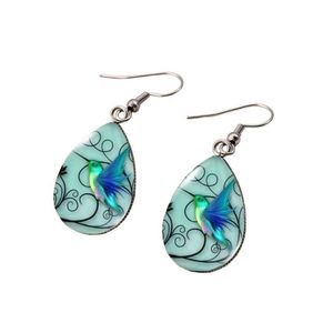 NEW‎ Blue Hummingbird Water Drop Shape Glass  Stainless Steel Drop Hook Earrings